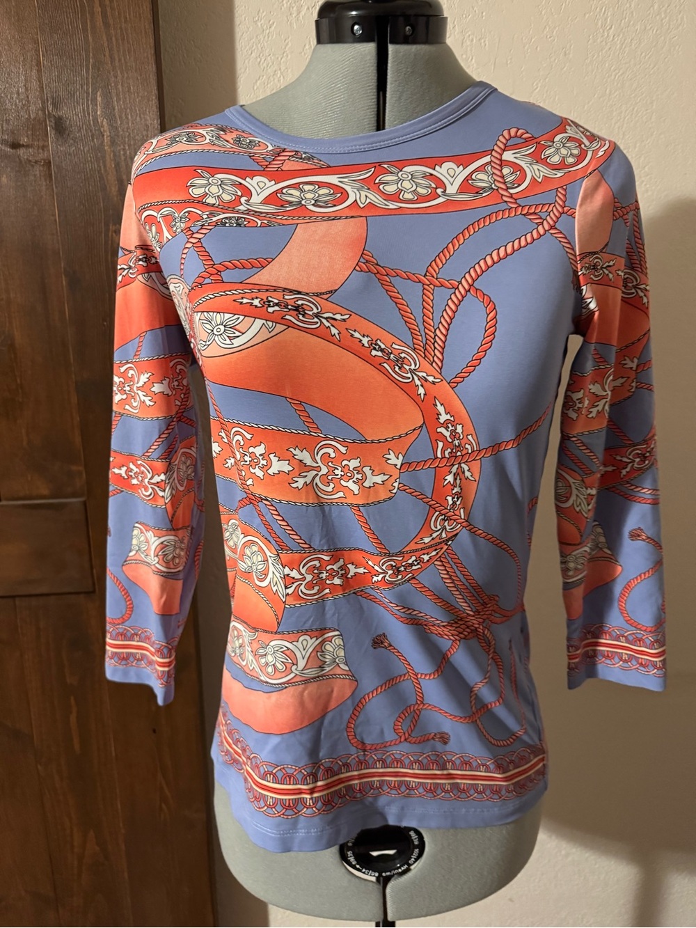 J. McLaughlin Signature Catalina Cloth Blue & Coral 3/4 Sleeve Patterned Top